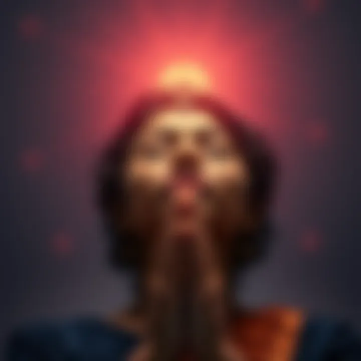 Person praying with heart symbol A person with closed eyes praying with a heart symbol above them, representing love and devotion.