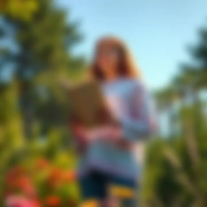 A person standing in nature, holding a hymn book and praying peacefully, surrounded by trees and flowers.
