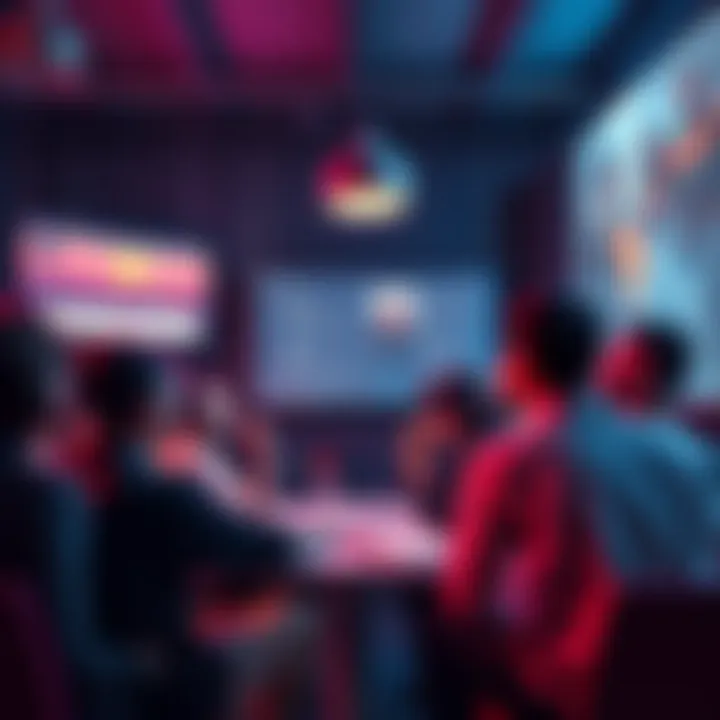 A group of people engaging in a discussion on shifting content, surrounded by screens displaying forums and past discussions, with a nostalgic vibe