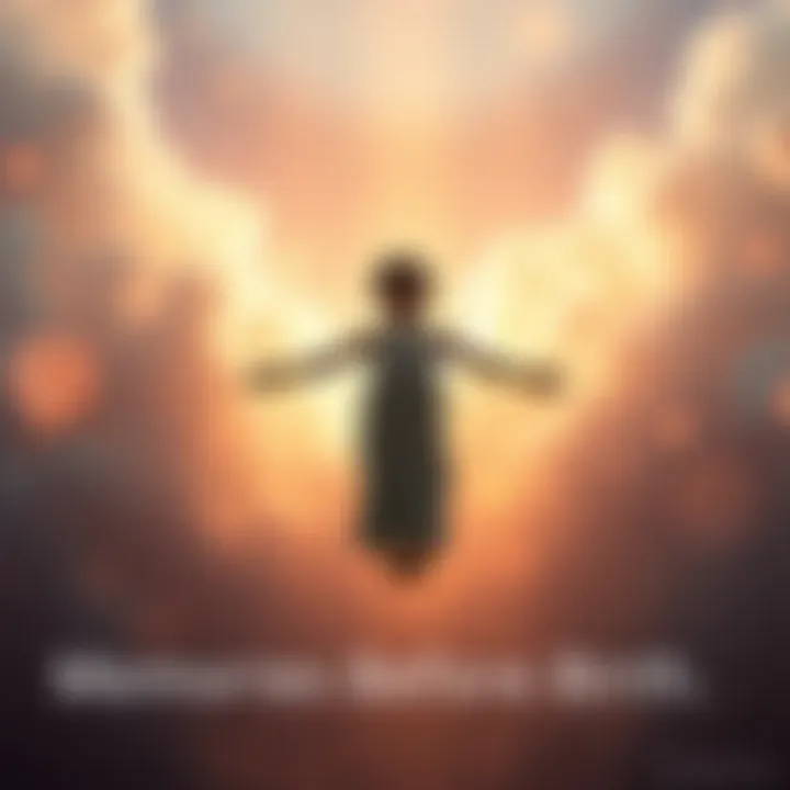 A serene scene depicting a calm figure floating in a soft, glowing space, symbolizing pre-birth awareness and connection to existence.