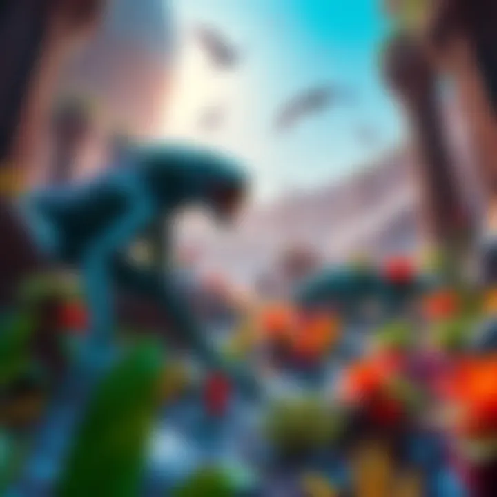 A colorful alien ecosystem showing a predator hunting its prey among unusual plants and landscapes.