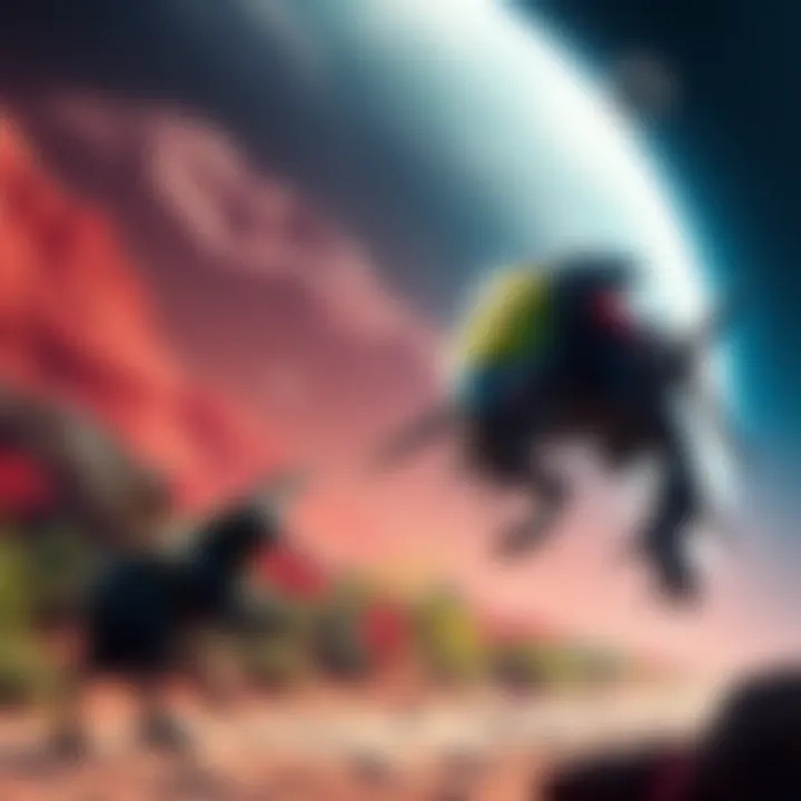 An alien predator stalking its prey on a distant planet with vibrant vegetation.