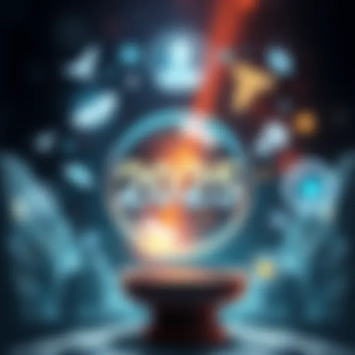 A crystal ball surrounded by symbols representing various aspects of life like work, health, and relationships, suggesting future predictions for 2025.
