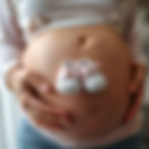 A pregnant woman gently cradling a pair of baby shoes, symbolizing future family and children