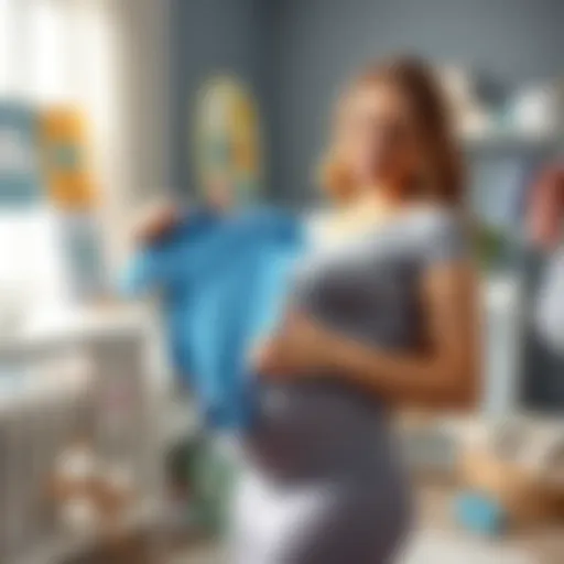A mother-to-be with a glowing smile, holding a baby onesie in blue, surrounded by baby supplies and a nursery setting