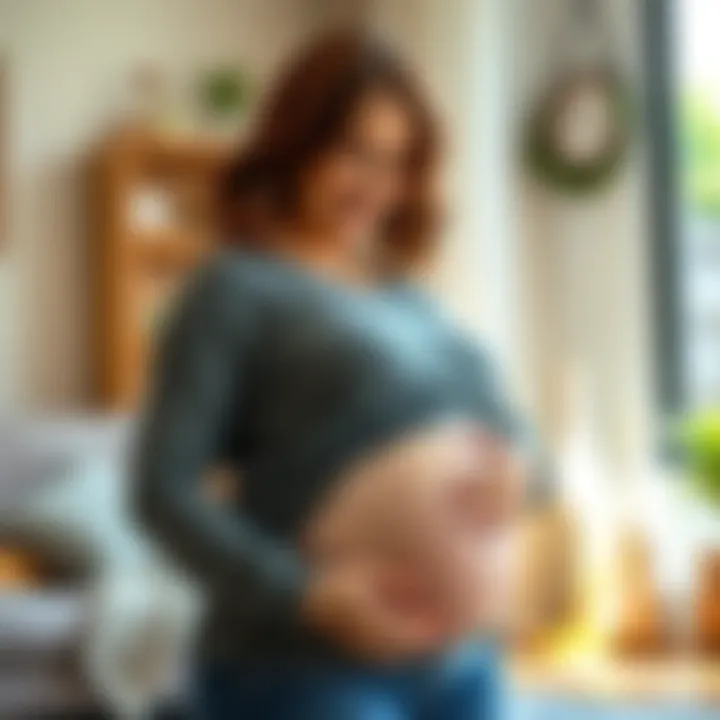 A 34-year-old pregnant woman smiling while cradling her baby bump in a cozy home setting