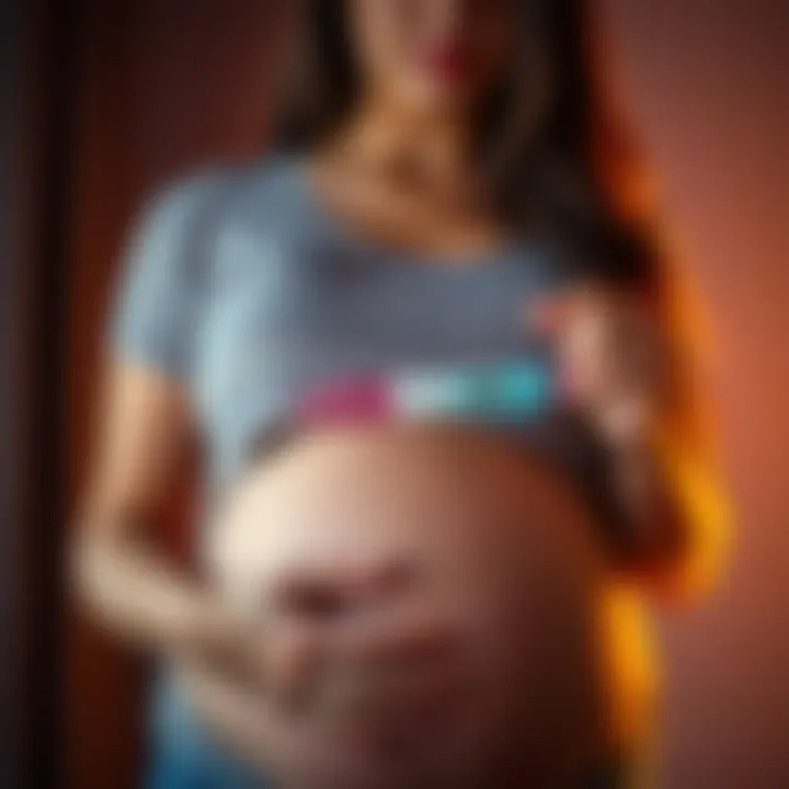 A hopeful woman touching her belly while looking at a pregnancy test, symbolizing her journey to conceive after two years of trying.