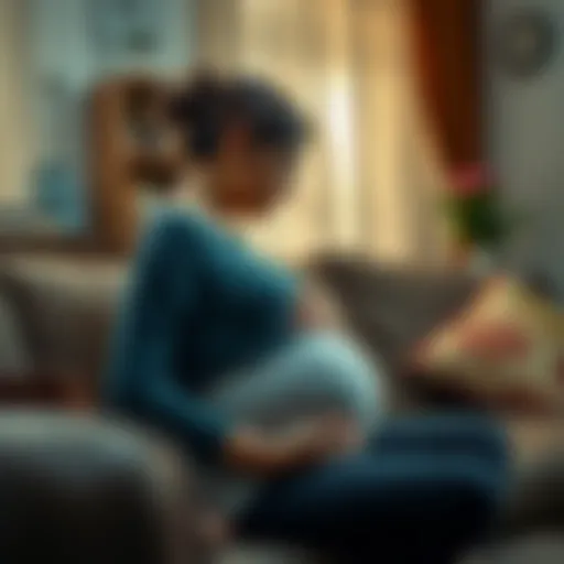 A pregnant woman sits uncomfortably on a couch at her husband's mother's house, looking at her back with visible scratches, expressing concern for her safety and her baby.