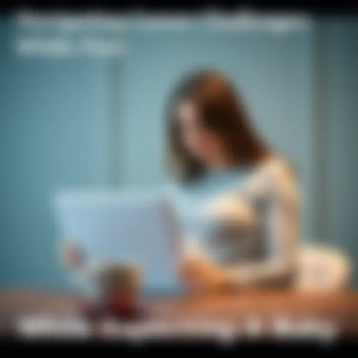 A pregnant woman sitting at a table, looking at her laptop with a focused expression and a coffee cup beside her, symbolizing career challenges while expecting a baby.