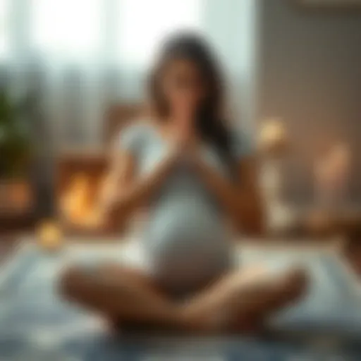 A pregnant woman sits cross-legged with her hands in a prayer position, surrounded by candles and calming decor, focusing on positive energy