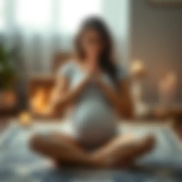A pregnant woman sits cross-legged with her hands in a prayer position, surrounded by candles and calming decor, focusing on positive energy