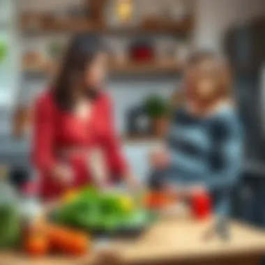 Pregnant woman with supportive friend A pregnant woman sitting at a kitchen table with a friend, discussing healthy meal ideas for postpartum recovery, surrounded by fresh ingredients.