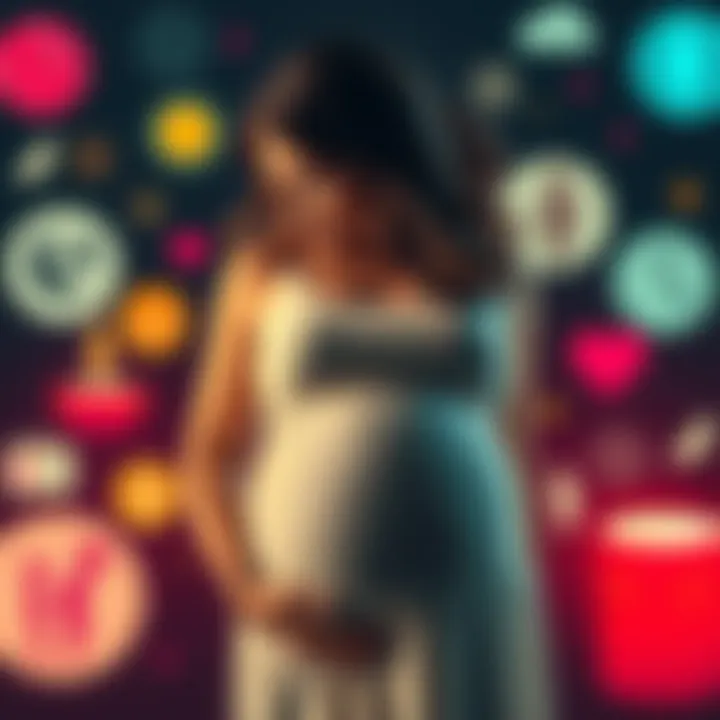 A pregnant woman surrounded by various symbols representing old wives' tales about baby gender predictions.