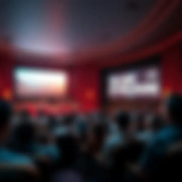 A crowded theater with people watching the premiere of The Age of Disclosure, featuring a large screen displaying scenes from the documentary.