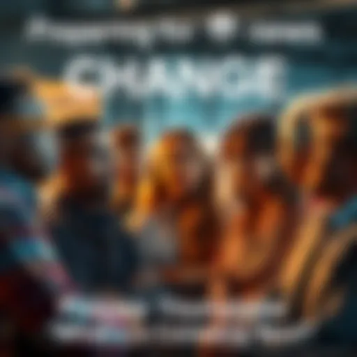 A diverse group of people discussing future trends and changes in technology and society, looking thoughtful and engaged.