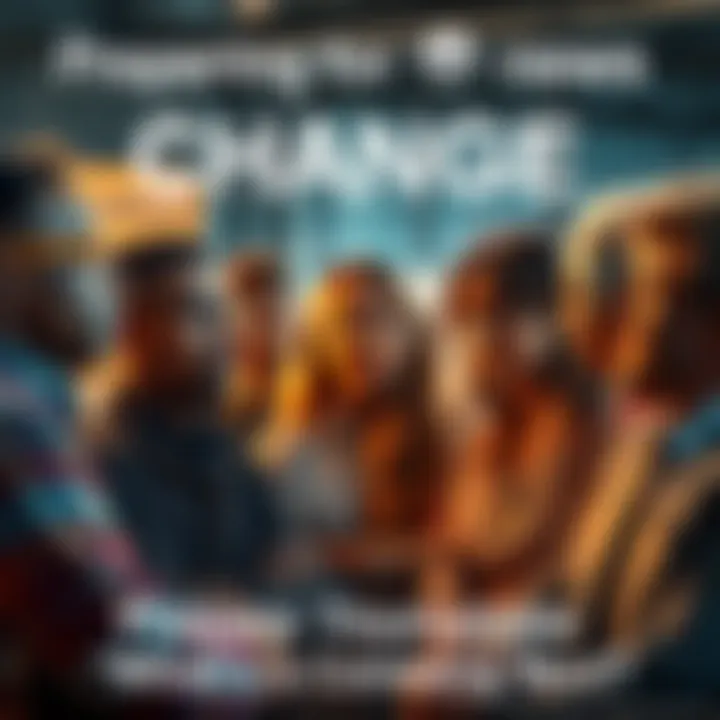 A diverse group of people discussing future trends and changes in technology and society, looking thoughtful and engaged.