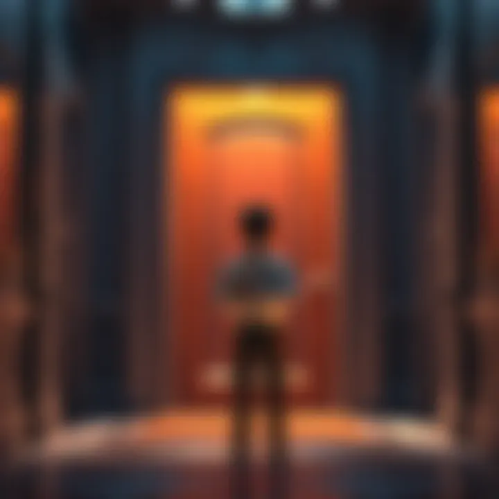 A person looking nervous and excited, dressed in formal attire, standing in front of a door ready to enter a gathering for their EA initiation.
