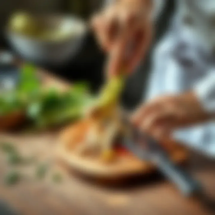A chef slices fresh Japanese knotweed root, known as Itadori, on a wooden cutting board with a knife and fresh herbs nearby