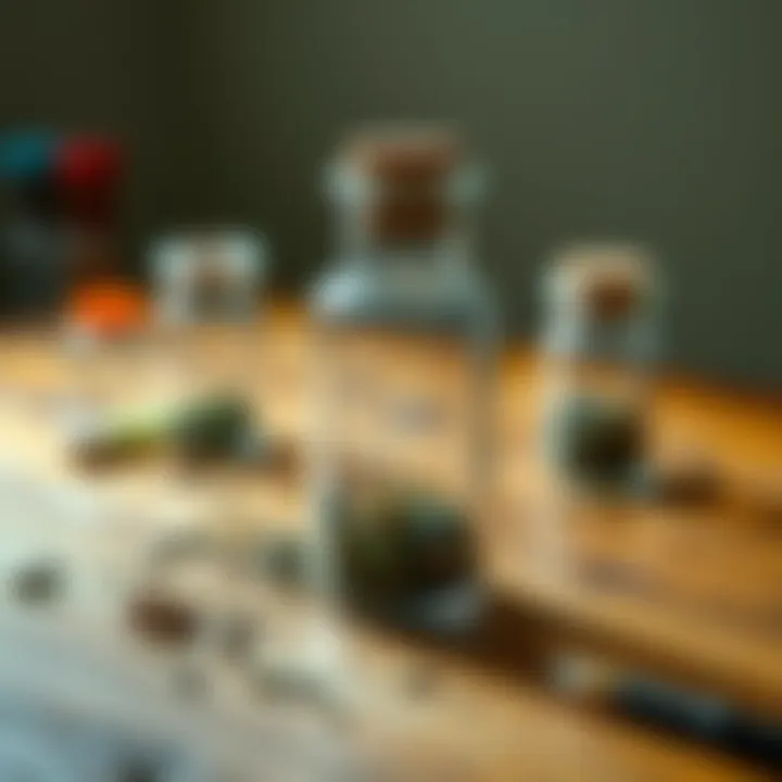 An empty prescription vial decorated with herbs and small crystals, placed on a wooden table
