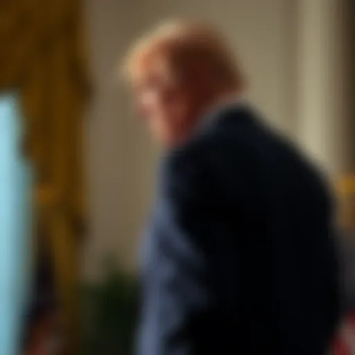 Close-up of the President standing with a noticeable bulge on his back. He has swollen ankles and appears to struggle with speech, looking concerned.
