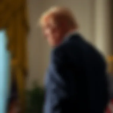 President Showing Physical Symptoms Close-up of the President standing with a noticeable bulge on his back. He has swollen ankles and appears to struggle with speech, looking concerned.