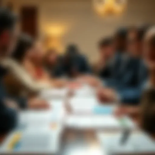 A close-up shot of a diverse group of people discussing presidential disclosure efforts, with charts and documents laid out on the table.