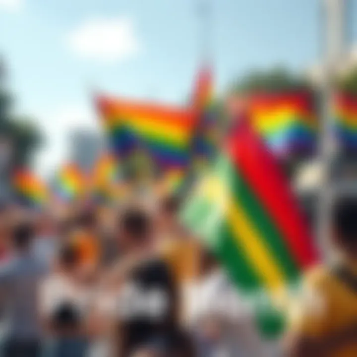 Pride Month Celebration A vibrant parade with people holding rainbow flags, celebrating love and diversity during Pride Month.