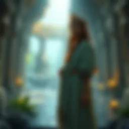 A priestess standing in a lush temple, surrounded by symbols of Egyptian, Norse, and Greek mythologies, looking towards the afterlife path with a serene expression.