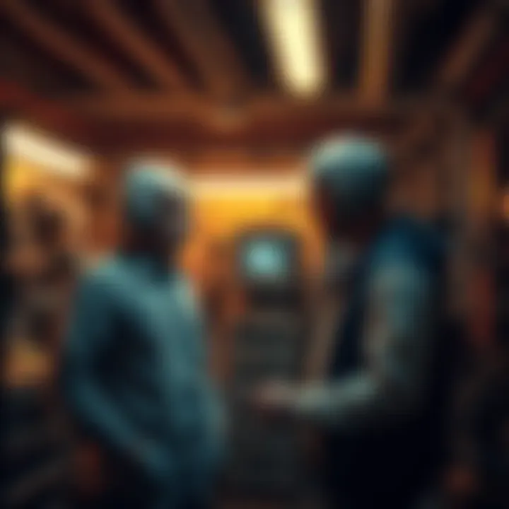 Two engineers discussing time travel with complex machinery in a dimly lit garage