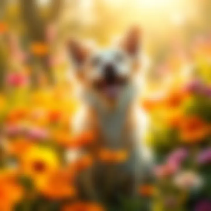 Princess Leigh-Cheri in a sunlit garden A joyful dog, Princess Leigh-Cheri, surrounded by flowers in a sunny garden, exuding happiness and love.