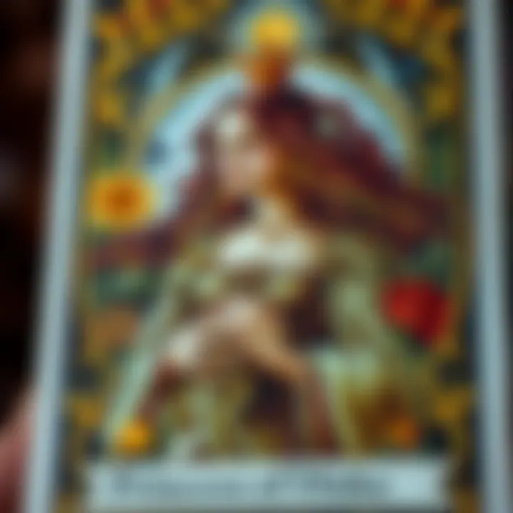 Close-up of the Princess of Disks tarot card featuring a young woman surrounded by symbols of growth and creativity, with earthy colors reflecting themes of nature and motherhood.