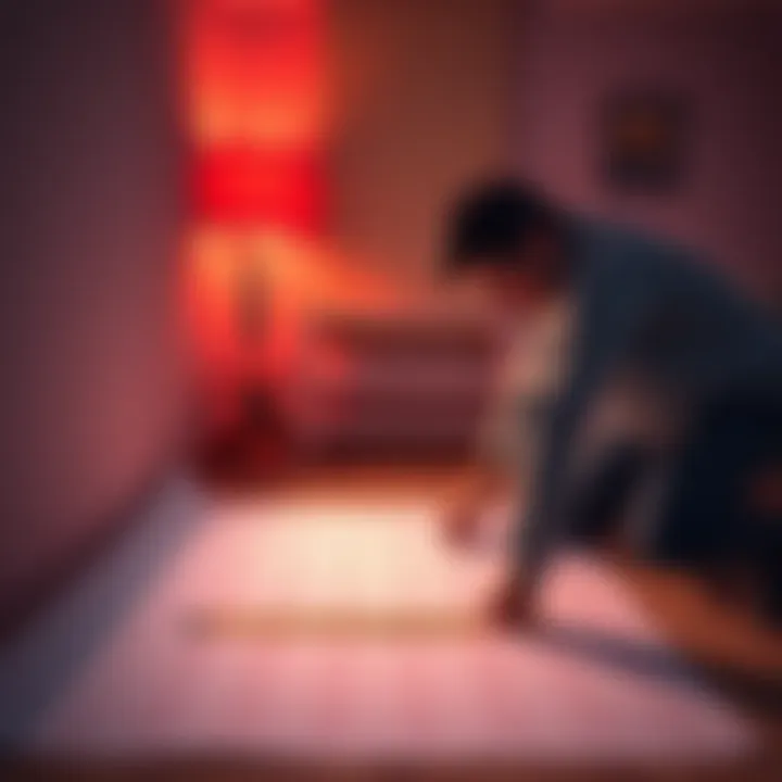 A person measuring a room with a grid layout made of standard printer paper on the floor.