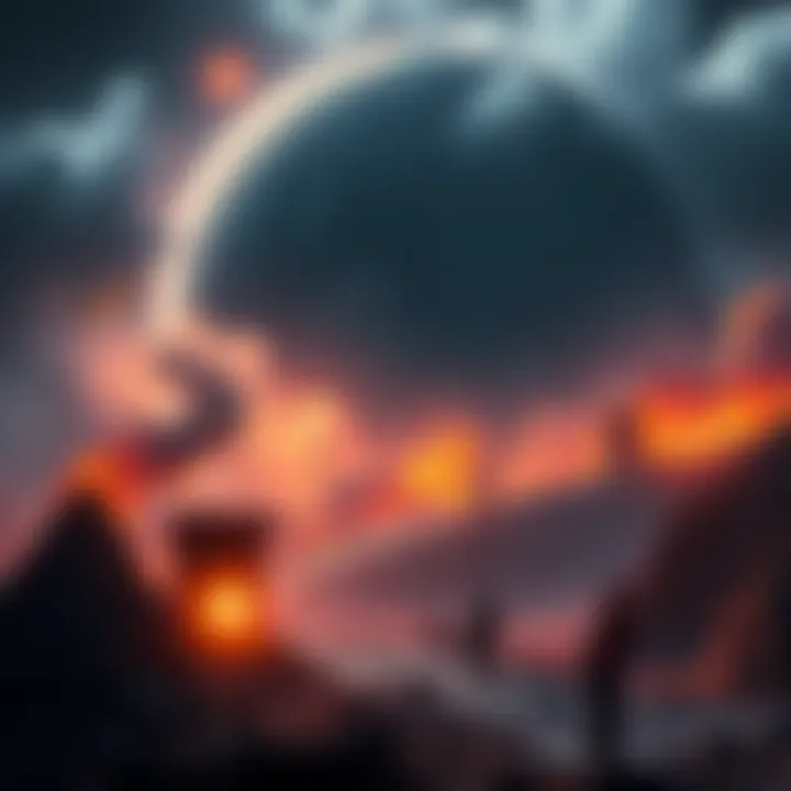 A dark and chaotic scene depicting human struggles and environmental destruction on a planet, illustrating the idea of a 'Prison Planet'.