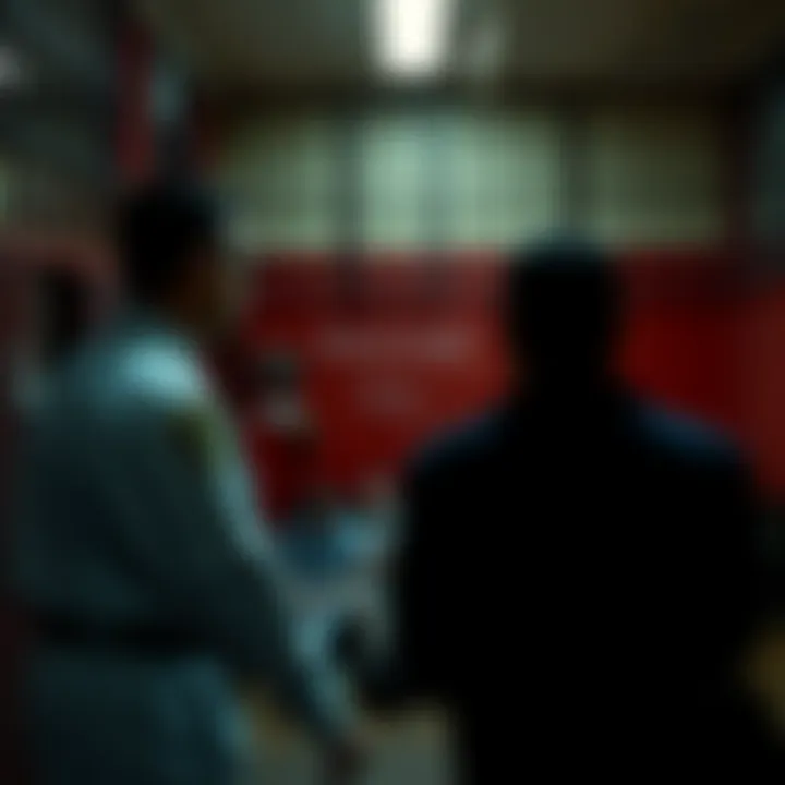 Two prison guards supervising inmates in a simulated prison setting, illustrating power dynamics and authority.
