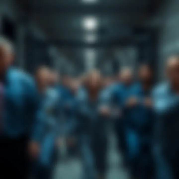 A group of prisoners walking out of a facility, looking confused and uncertain after being accidentally released, with guards in the background appearing surprised.
