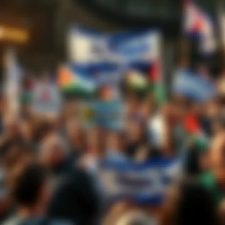 A diverse group of people at a rally holding pro-Israel signs and flags, showing various expressions of support and disagreement, creating a lively atmosphere.