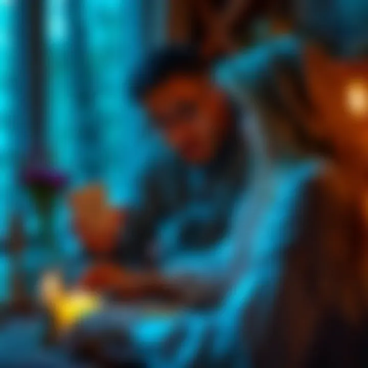 A seasoned psychic reader with tarot cards and crystals, providing insights to a client during a consultation.