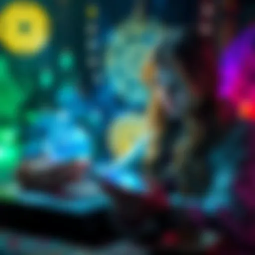 A psychic reader with tarot cards and a crystal ball, providing insights to a client in a mystical setting.