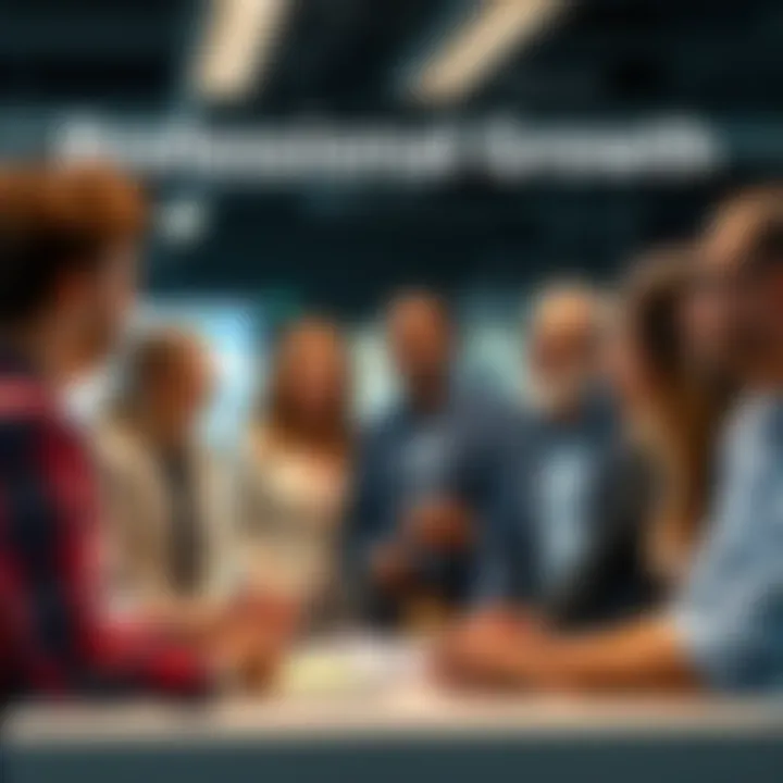 A group of diverse professionals discussing in an office setting, sharing ideas and strategies for career advancement.