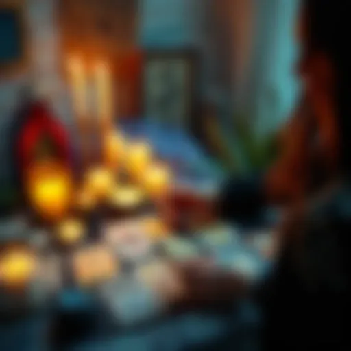 A professional psychic performing a tarot reading with cards spread out, surrounded by candles and crystals, creating a calming atmosphere.
