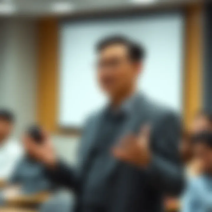 A man resembling Professor Jiang stands at the front of a classroom, engaging with an unseen audience, with a focus on his facial expressions and gestures.