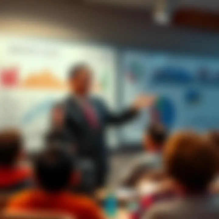Professor Jiang passionately speaking in front of a whiteboard filled with economic charts and graphs, engaging with an audience