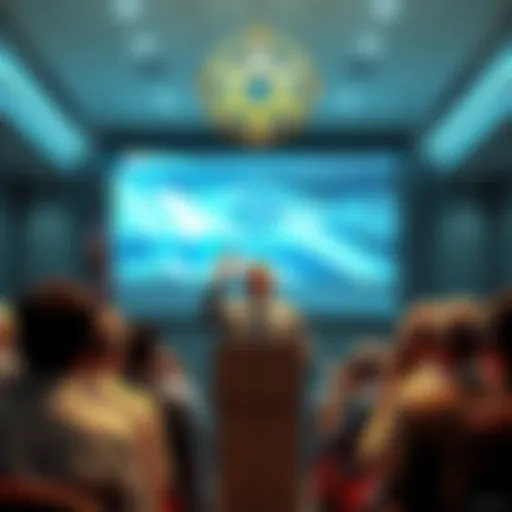 A professor speaking passionately at a podium with a screen displaying Israel and the Illuminati symbols behind him, surrounded by an engaged audience.