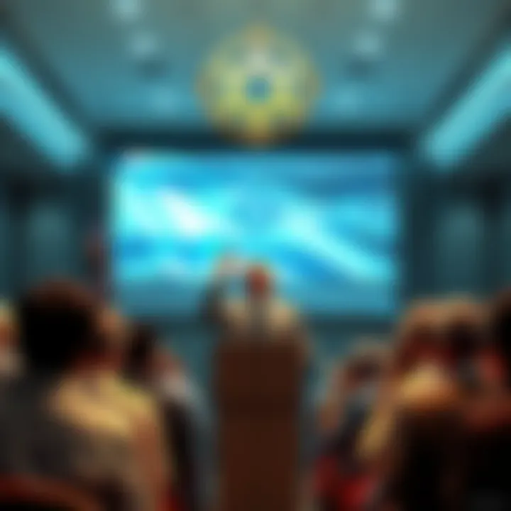 A professor speaking passionately at a podium with a screen displaying Israel and the Illuminati symbols behind him, surrounded by an engaged audience.