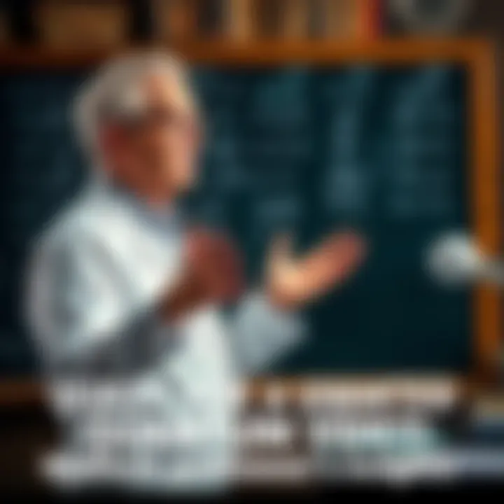 Professor discussing quantum concepts A professor gestures while explaining quantum time manipulation in front of a chalkboard filled with equations and visuals.