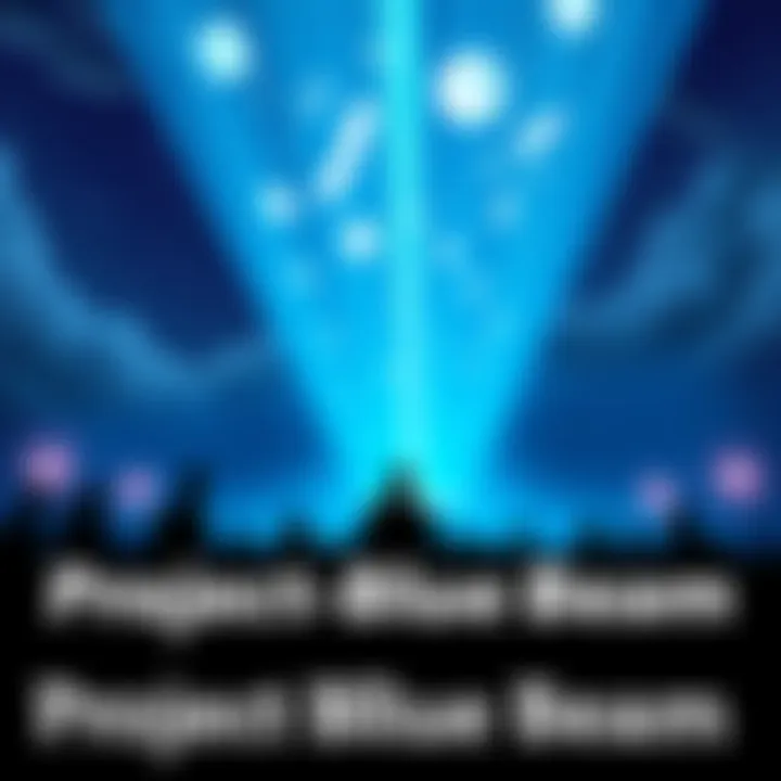 A digital illustration depicting a large holographic image projected in the sky, with people looking up in awe, representing the idea of Project Blue Beam.