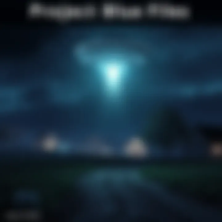 A dark, eerie landscape with a UFO hovering over a 1950s town at night, casting a mysterious light on the ground.
