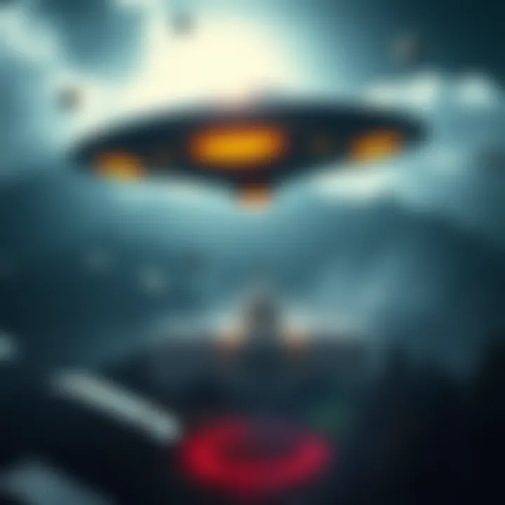A visual representation of an alien spacecraft hovering over a government facility, with mysterious emails and documents scattered around.