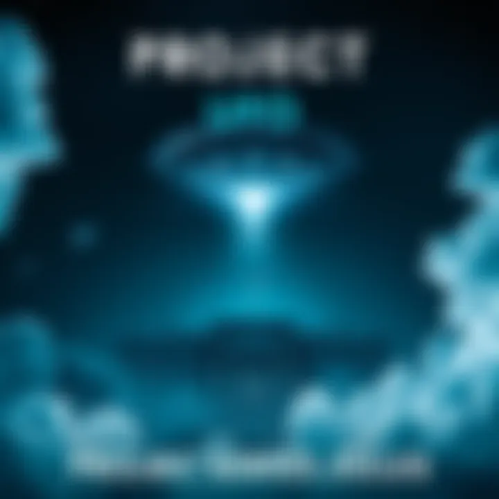 A mysterious night sky with an alien spaceship hovering above a government facility, surrounded by clouds and stars.