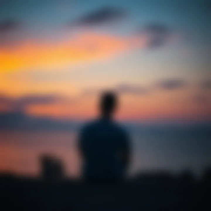 A person sitting peacefully in a serene environment, looking thoughtful while embracing their individuality and managing feelings of exhaustion.